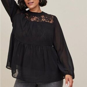 NWOT Torrid 2 Black Lace Trimmed Tiered Blouse
